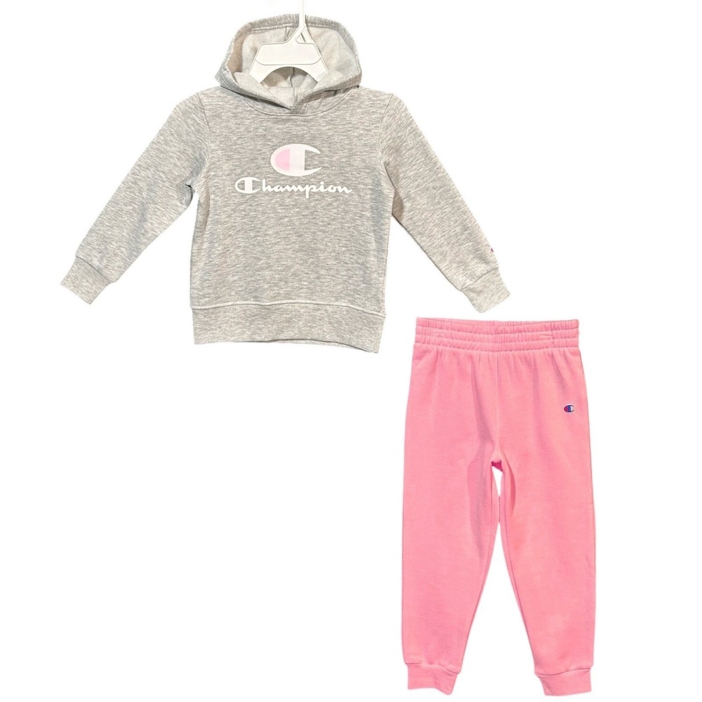 Champion Little Girls Fleece Hoodie & Jogger Pants Outfit Set Size 6 Pink Gray